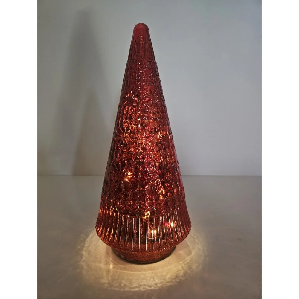 Red Mercury Glass Lighted Christmas Tree Tabletop Decor Cone Figurine Glowing